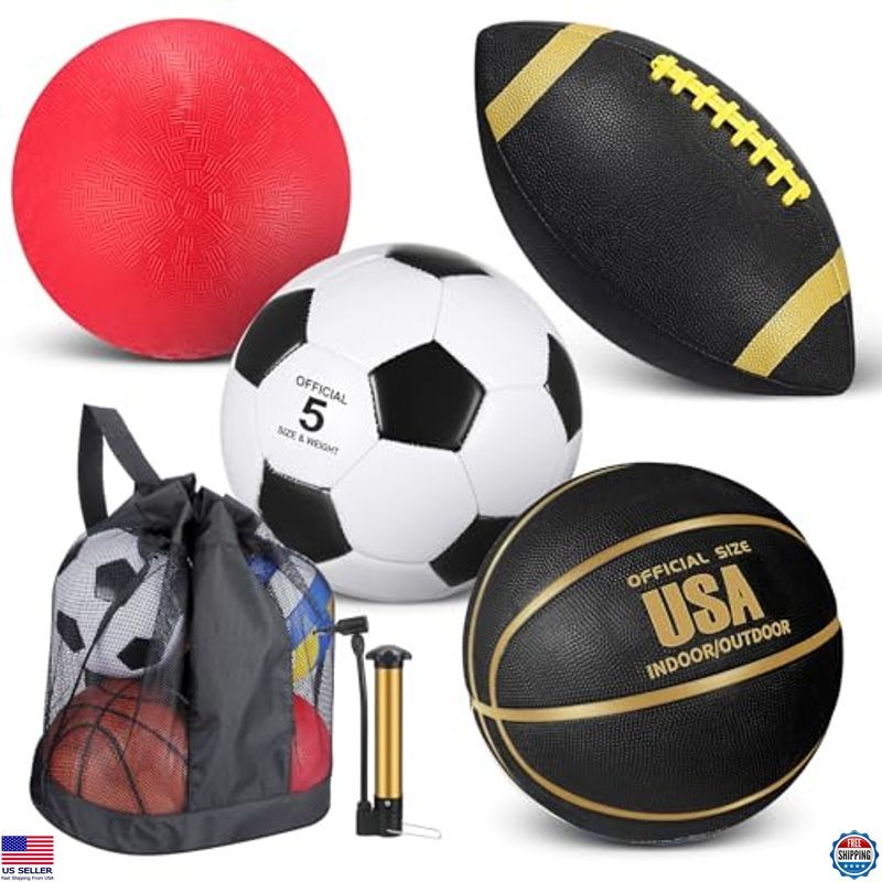 Lenwen 4-Piece Sports Ball Set: Basketball, Soccer, Football & Playground Ball