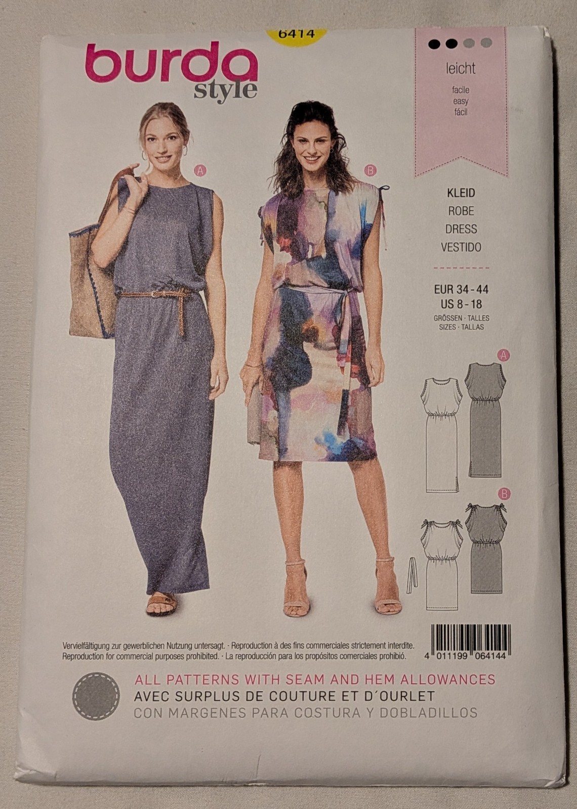 Burda 6414 - Knit Dress Sleeve & Length Variations Pattern UCFF 8-18 EUR 34-44