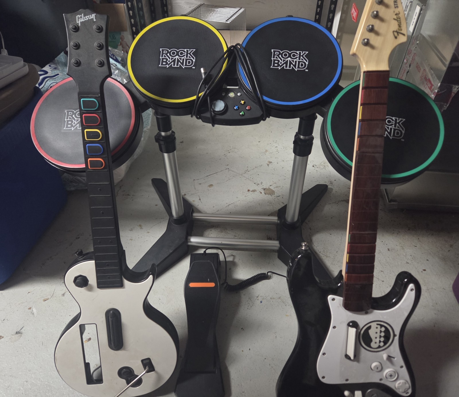 Xbox 360 RockBand Bundle With Drums, Pedal, 2 Guitars Fender Stratocaster