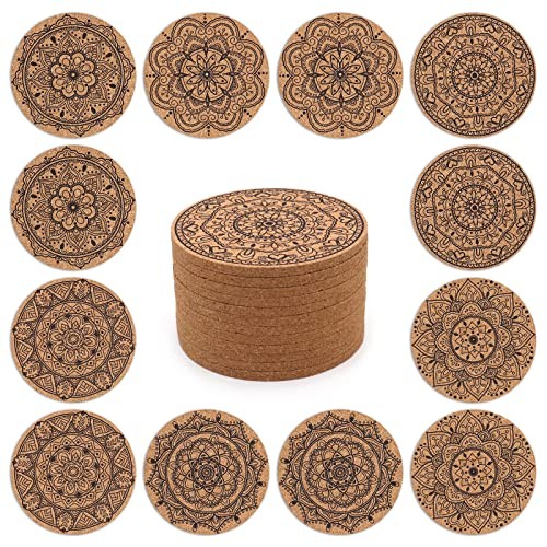 Coasters for Drinks 12 pcs Absorbent Cork Coasters with Flower Pattern India 02