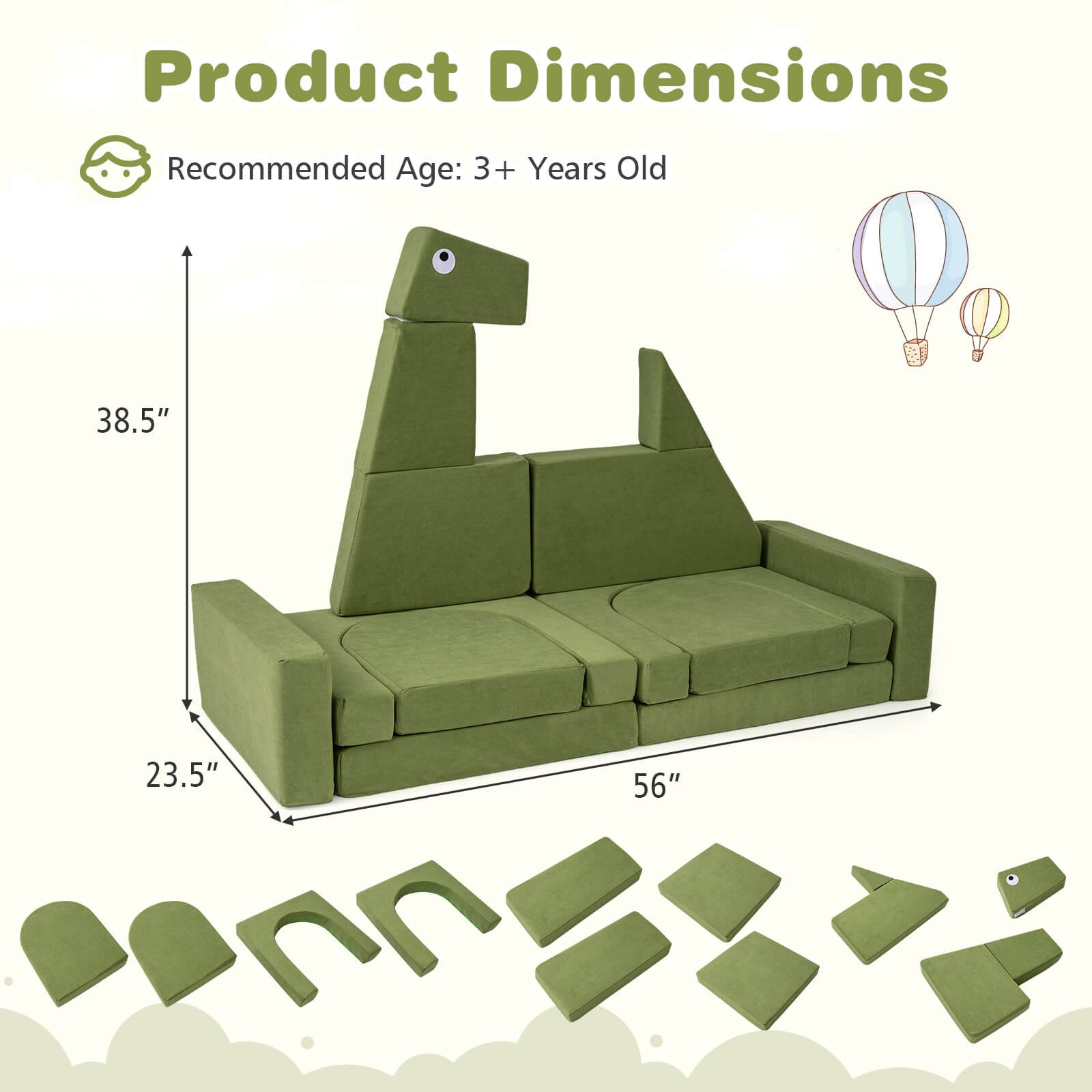 13 PCS Modular Kids Play Couch, Multifunctional Convertible Kids Sofa Furniture
