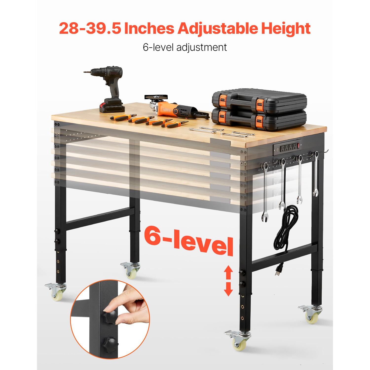 48" Adjustable Height Workbench on Wheels with Power Outlet & Pegboard
