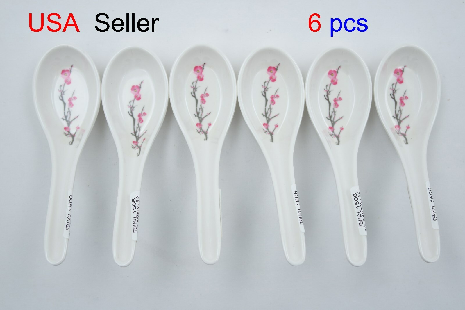 6 PCS Melamine Soup Spoons White ( With Flower ) Noodle Soup Spoons - USA Seller