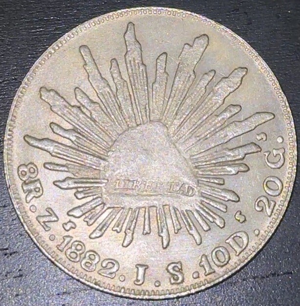 1882 Republica Mexicana Libertad  8R.Z.1882.J.S.10D.20G. Silver Coin