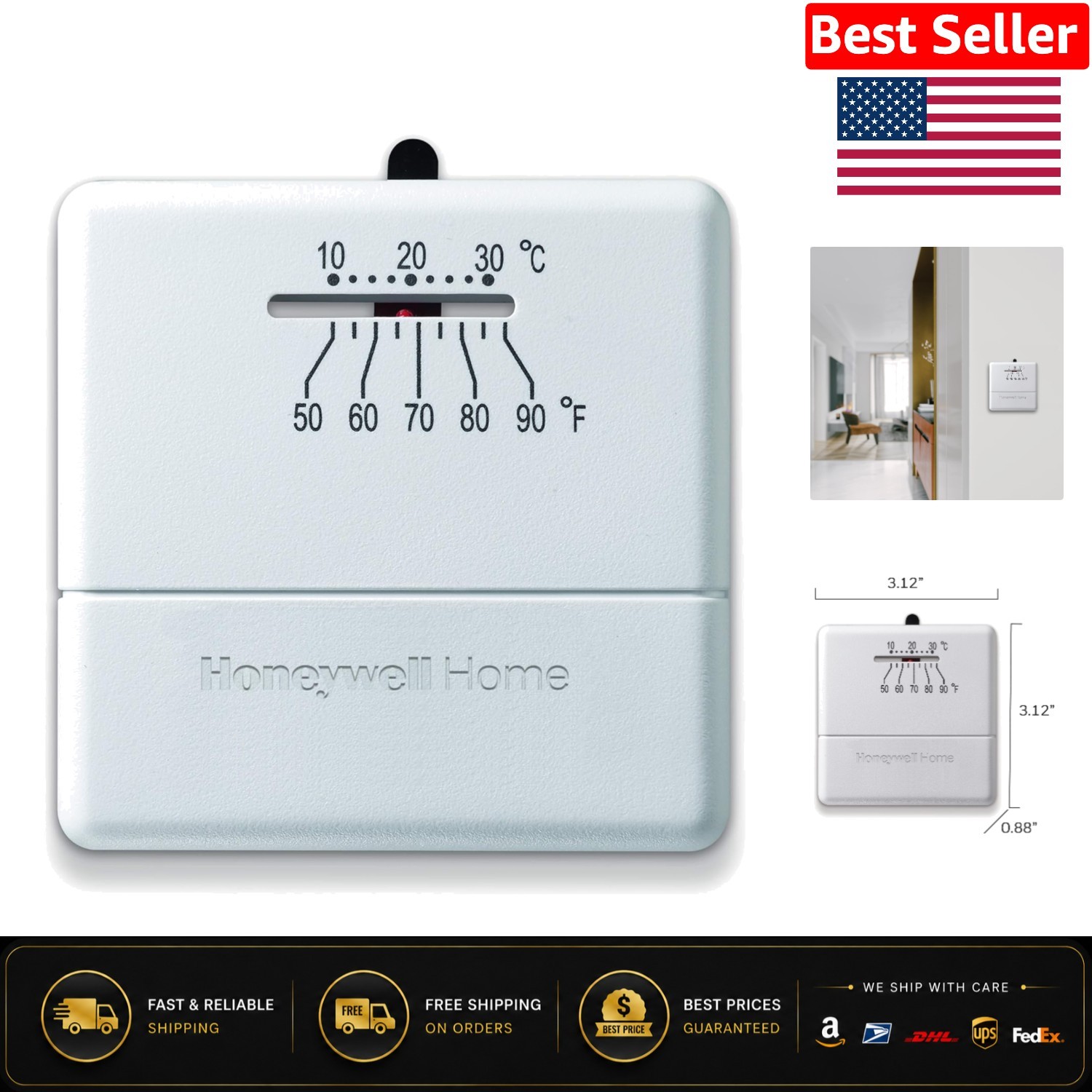 Sleek Non-Digital Heat Only Thermostat with Decorative Backplate Included