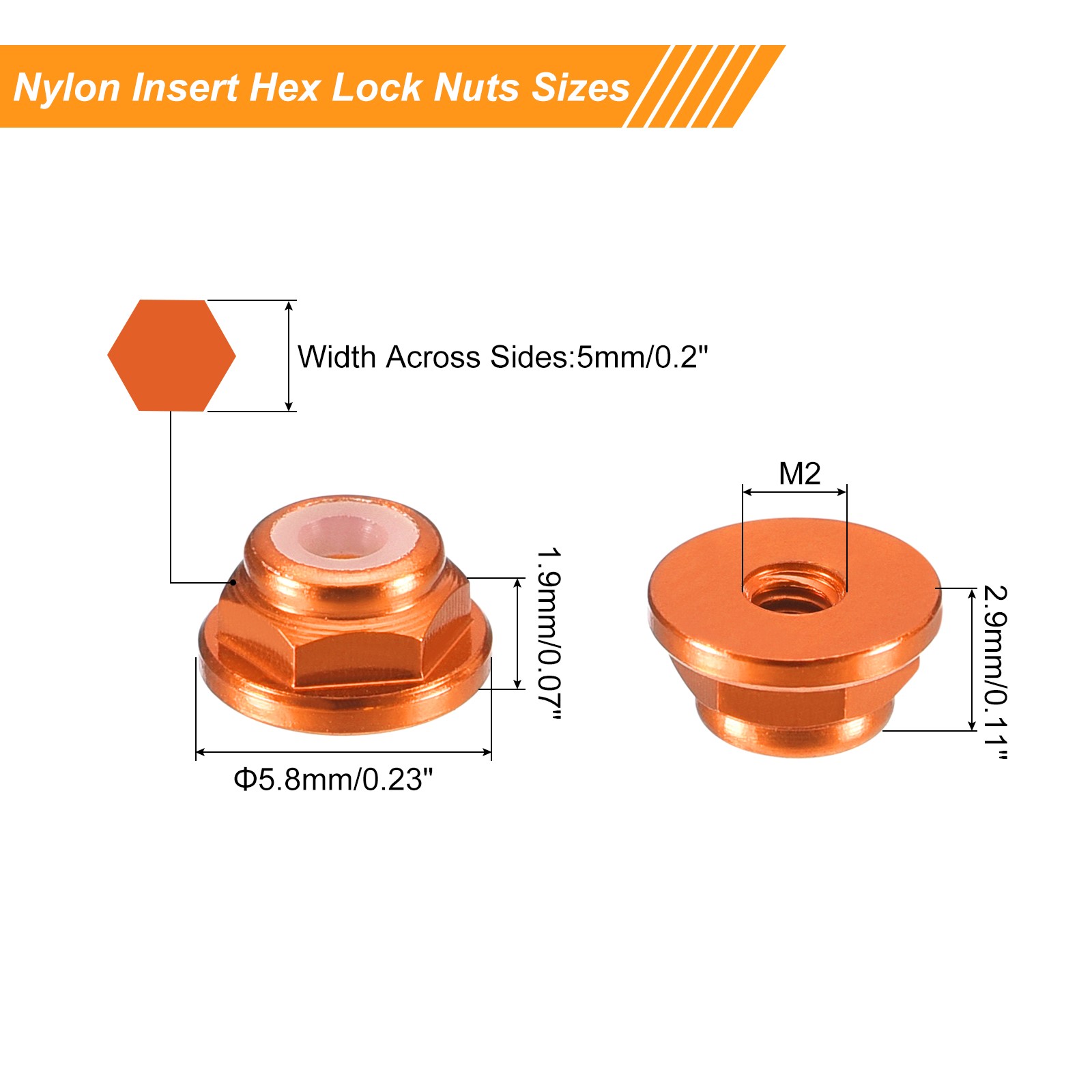 Nylon Insert Hex Lock Nuts, 8pcs - M2x0.4mm Self-Locking Nut(Orange)