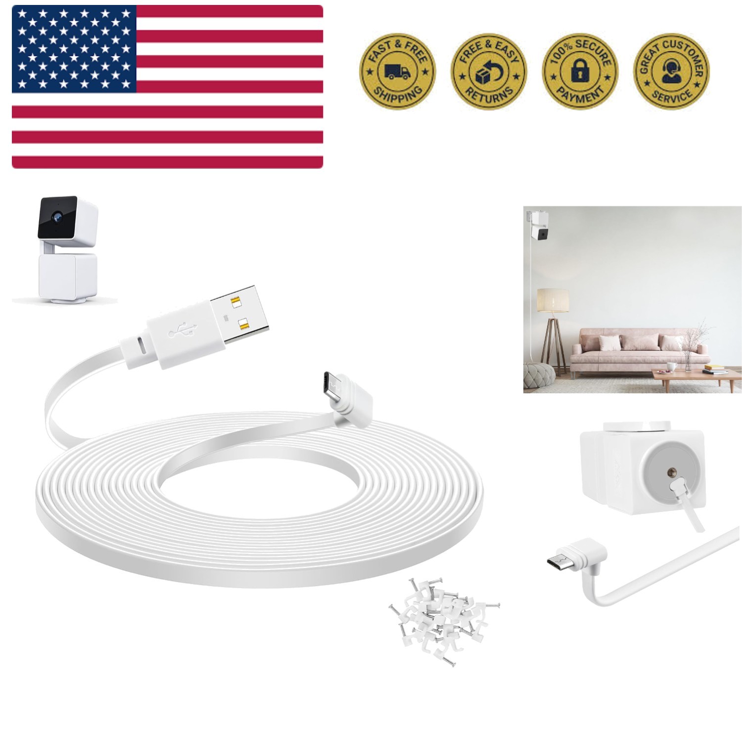 20 ft Cable for WYZE Cam Pan v3 Camera, Flat Micro USB Extension Power Cord, ...