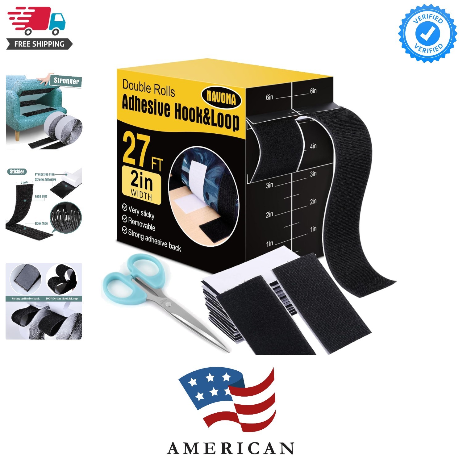27Ft x 2 Inch Hook and Loop Strips with Adhesive, Heavy Duty Self Adhesive Ta...