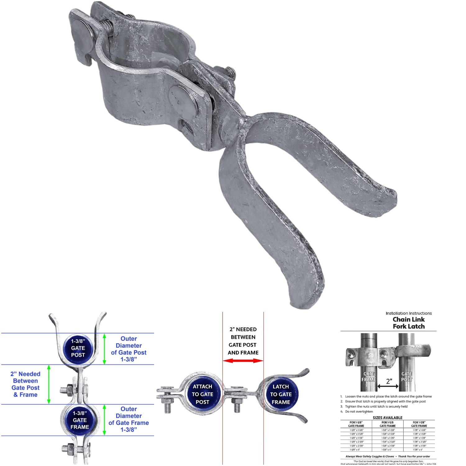 1-3/8' x 1-3/8' Chain Link Fence Gate Fork Latch Galvanized Hole For Padlock