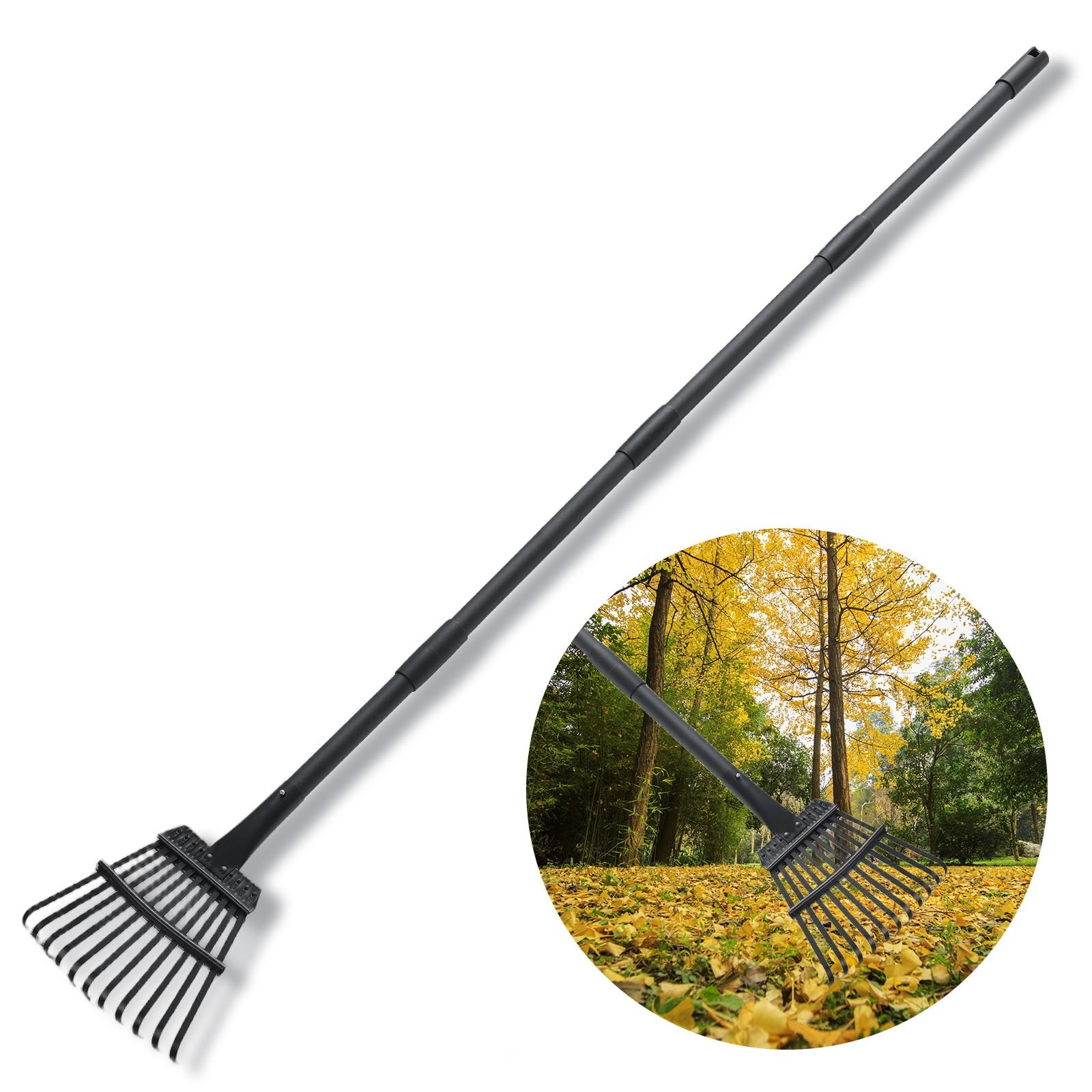 Adjustable 63Inch HeavyDuty Garden Rake with 11 Metal Tines for Leaves