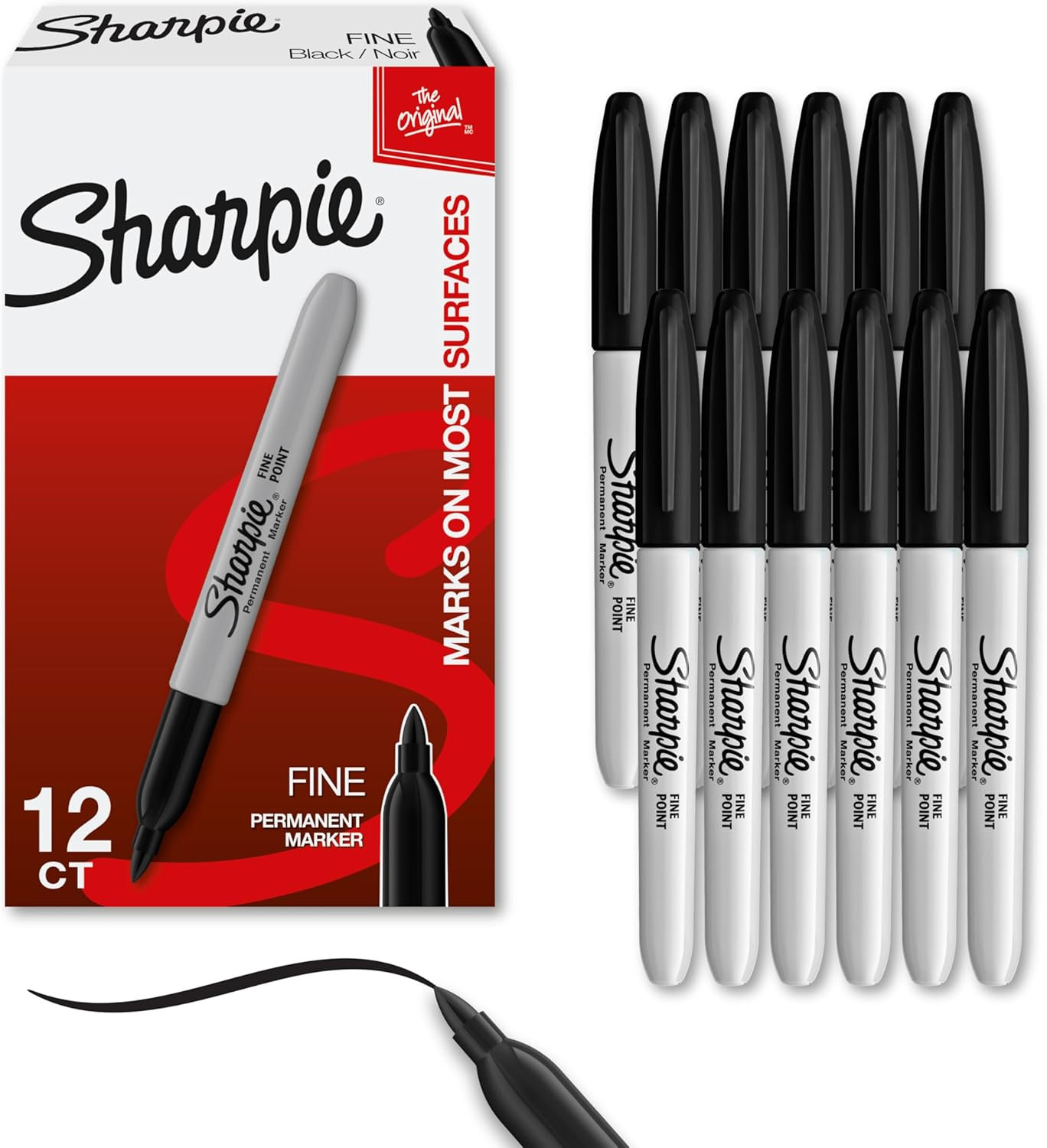 Sharpie Permanent Markers, Fine Tip, Black, 12 Count - Office Supplies, Quick Dr