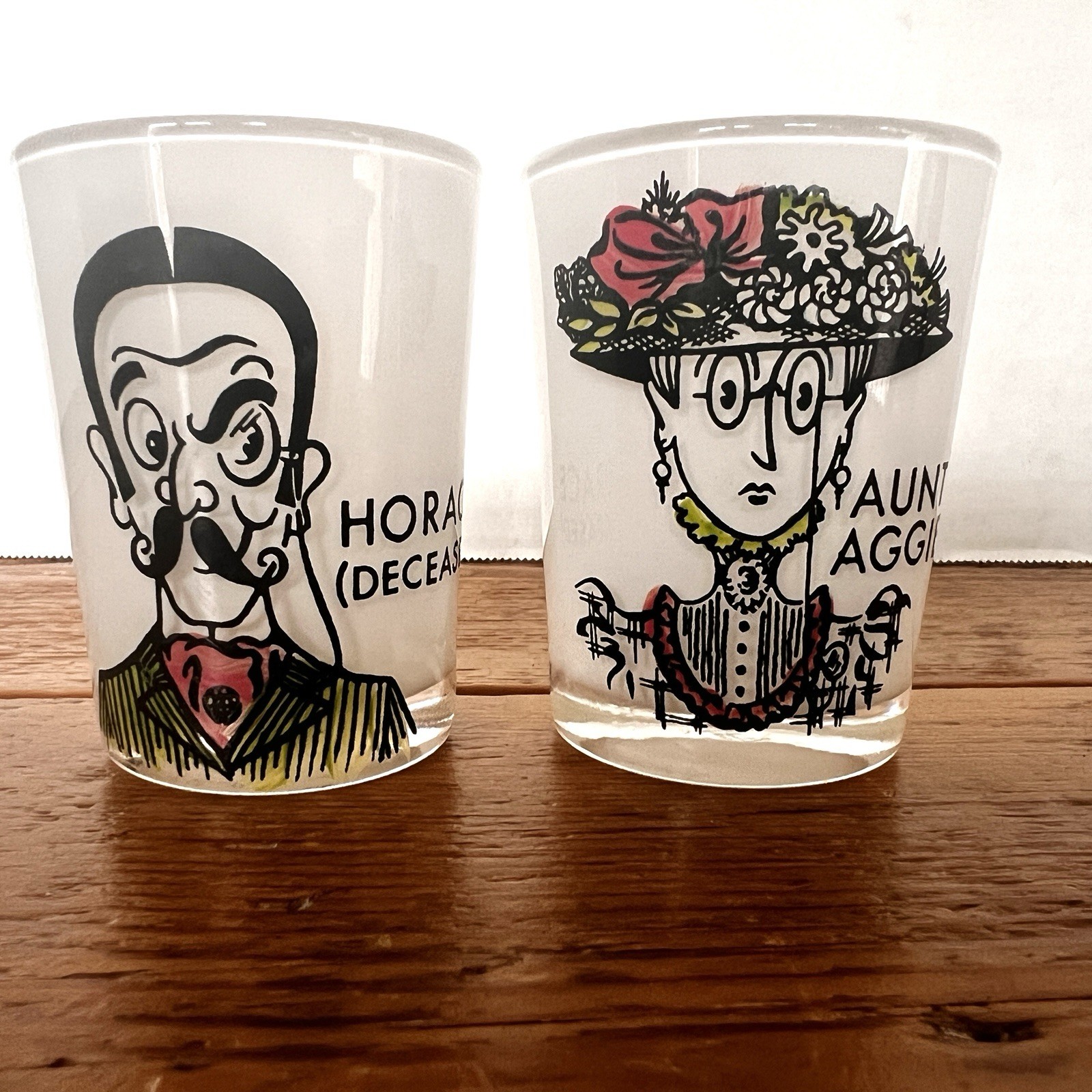 VTG HAZEL ATLAS, RARE, GAY NINETIES, FROSTED SHOT GLASSES, HORACE DECEASED-AUNT