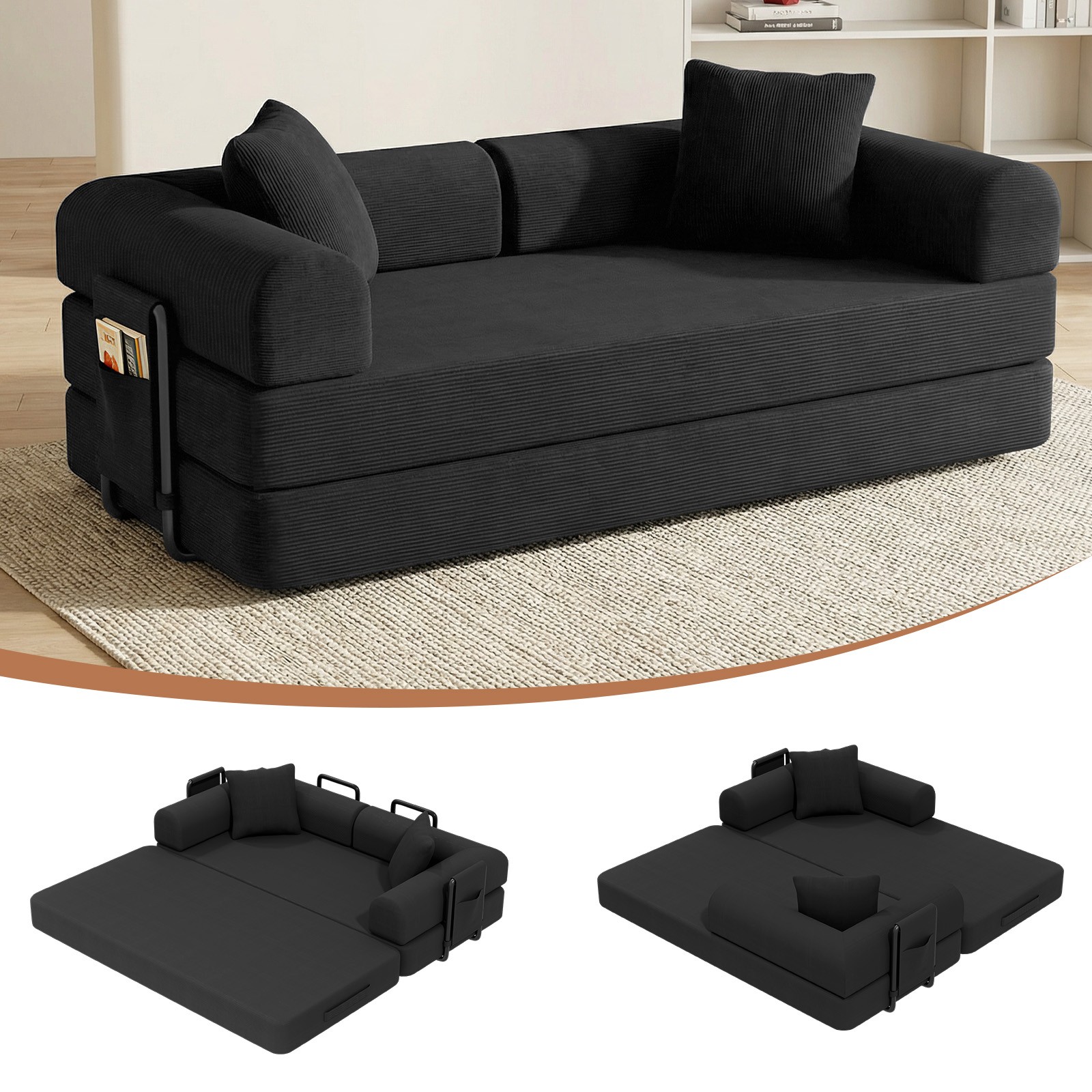 Sofa Bed Couch Sleeper Convertible Pull-Out Bed Couch With Side Pockets Washable