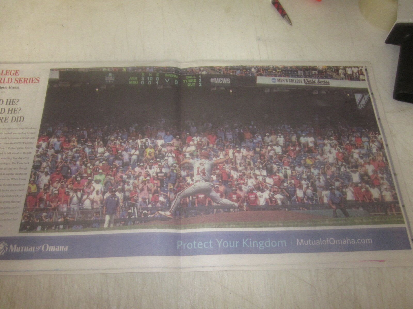 GAGE WOOD ARKANSAS HISTORIC NO-HITTER CWS OMAHA WORLD-HERALD NEWSPAPER 19 Ks 🐷