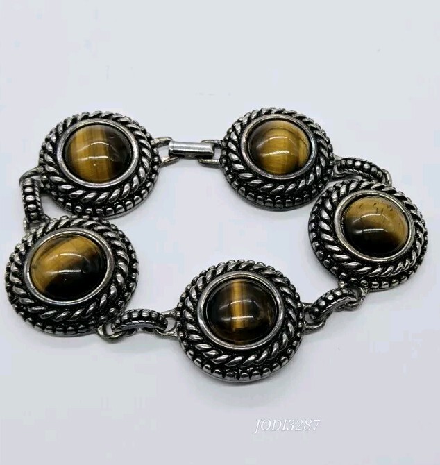 Faux TIGER EYE Linked Bracelet Chunky Silver tone 7.5 in Textured