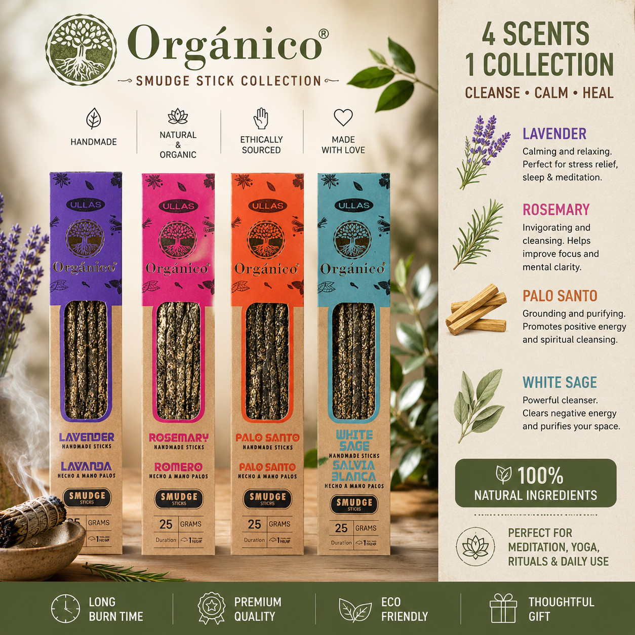 Premium Organic by Ullas Smudge Incense Sticks Variety Scents 4 Pack Sampler