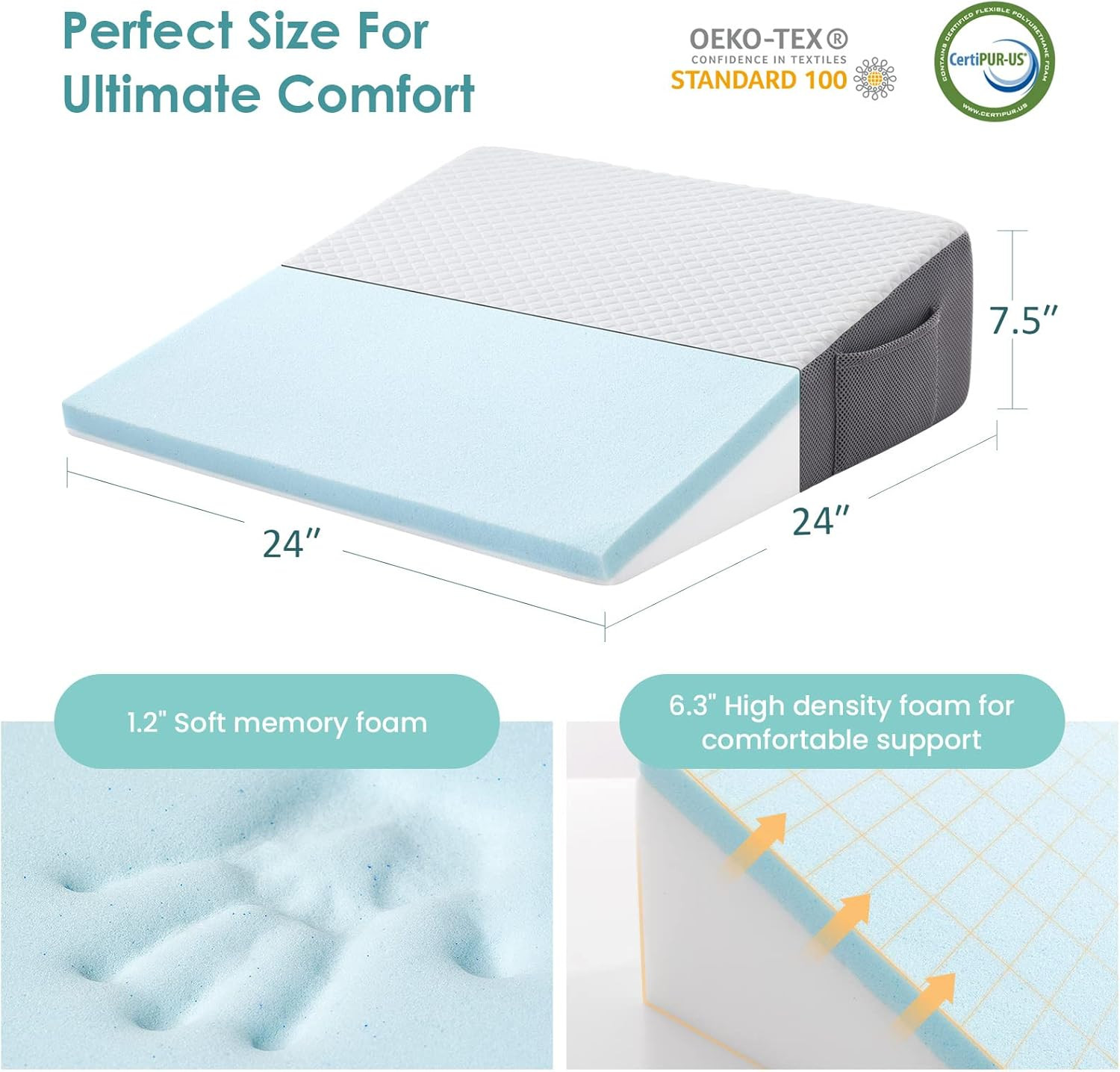 7.5" Bed Wedge Pillow for Sleeping after Surgery, Back Support, Leg Elevation, G