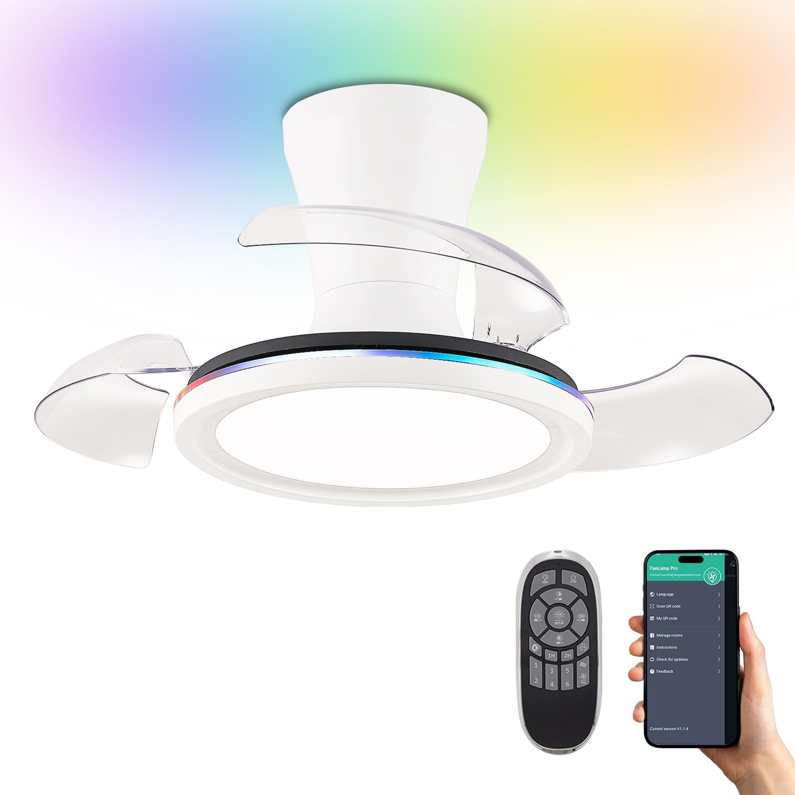 30" RGB Ceiling Fan with Light White Chandelier Fan Modern Fandelier Dimmable...
