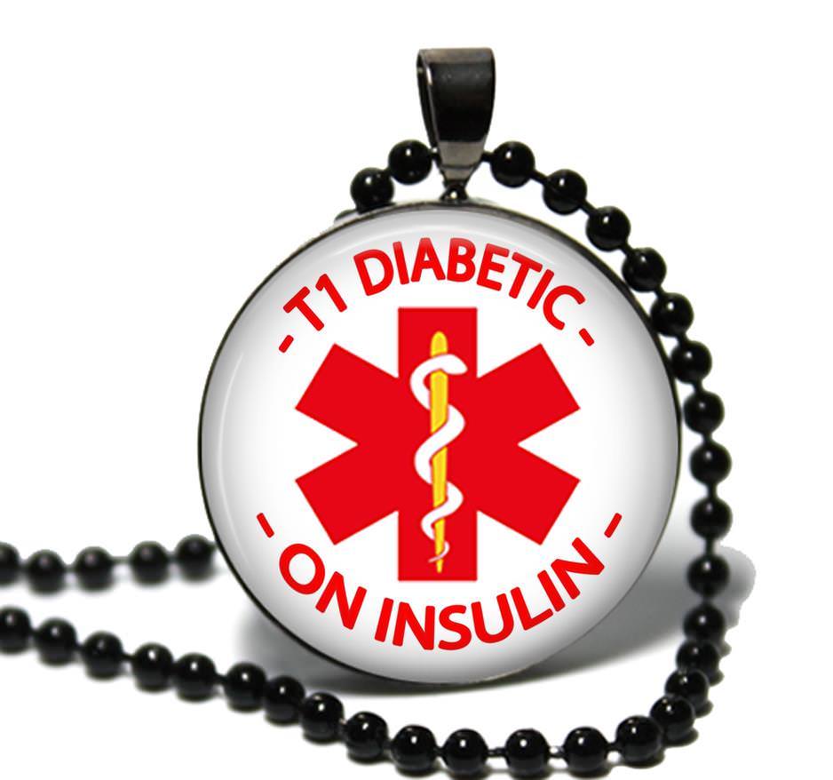 Type 1 T1 Diabetic On Insulin Medical Alert Necklace Glass Top Pendant  & Chain