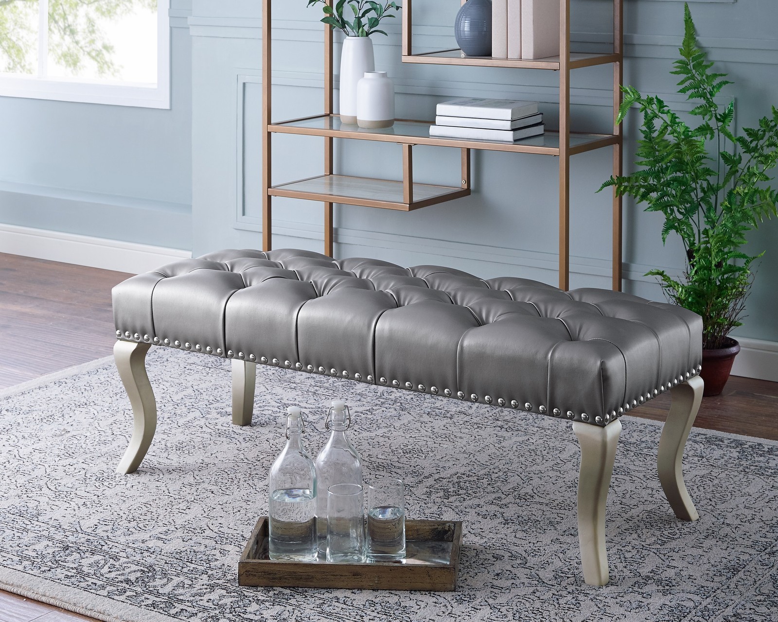 Decor Maxem Tufted FabricUpholstered Bench with Nailhead Trim