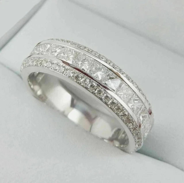 Real Moissanite 2Ct Princess Cut Men's Wedding Band Ring 14K White Gold Plated