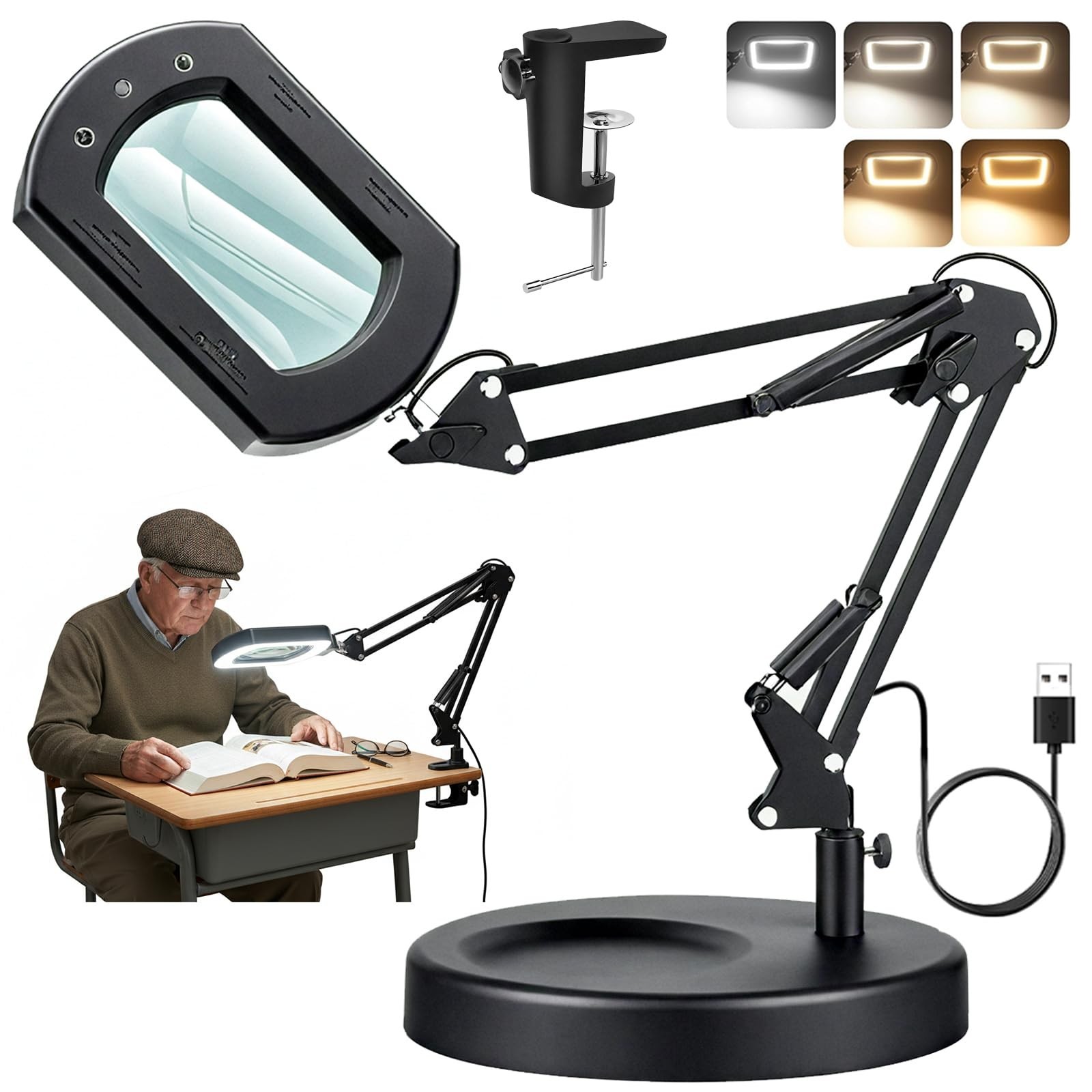 10X 30X Lighted Magnifying Glass with Stand & Clamp, Extra-Long Arm Magnifyin...