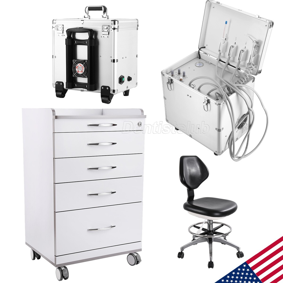 Dental Delivery Unit Air Compressor Suction/Cabinet Trolley Cart 4 Drawers/Stool