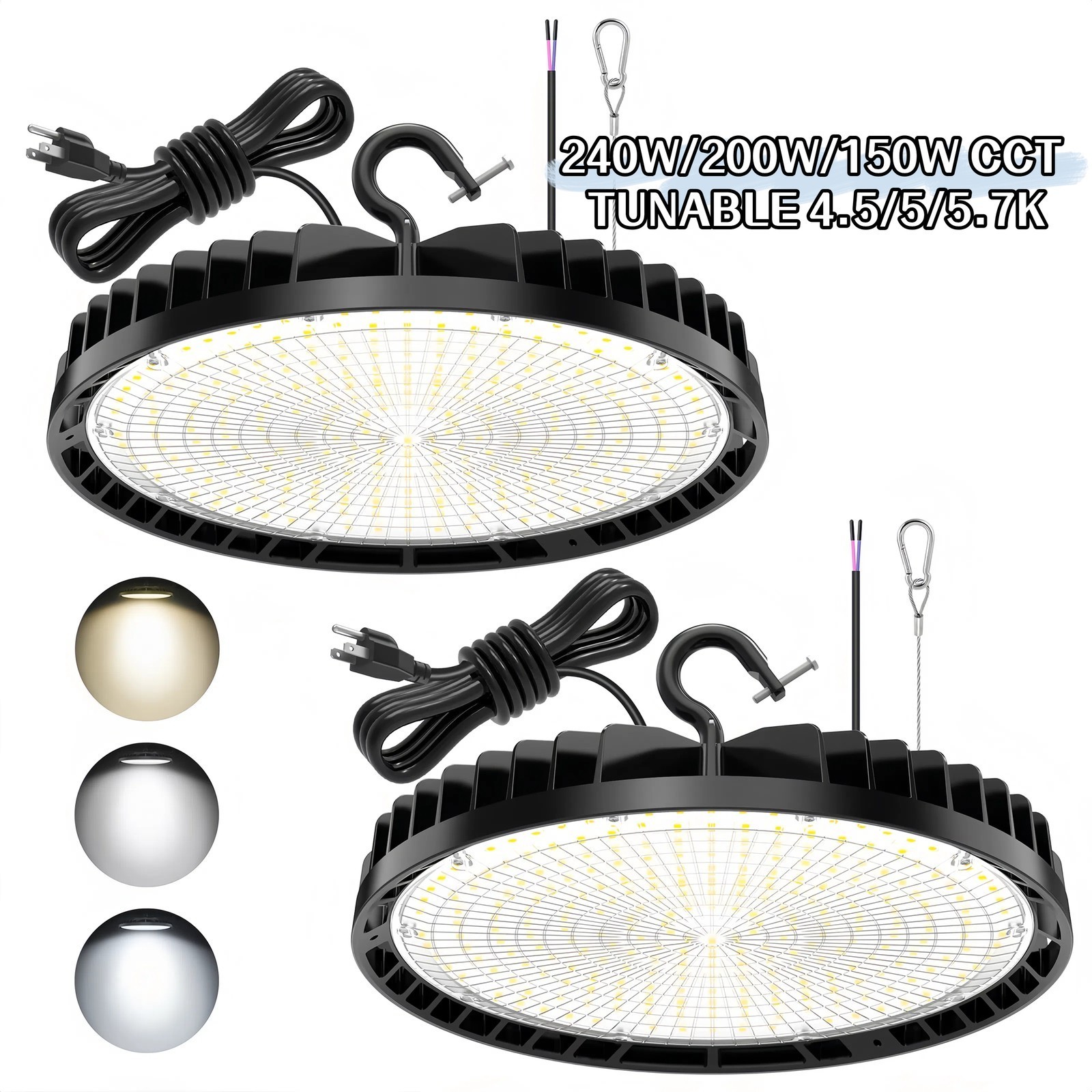 2Pack UFO High Bay BI Light 240 200W 150W CCT 4.5/5/5.7K 100-277 V Black US Plug
