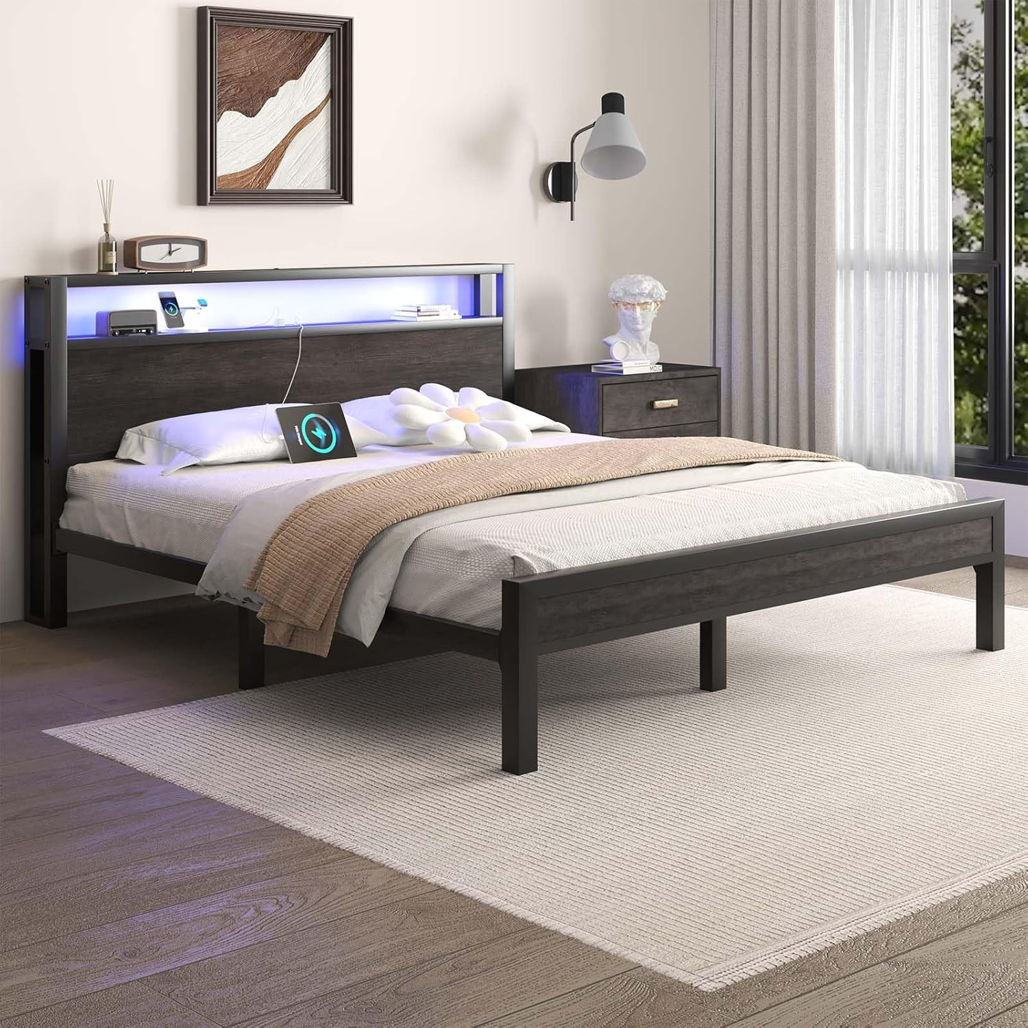 Full Size Bed Frame with Storage Headboard, Industrial Platform Bed with Chargin