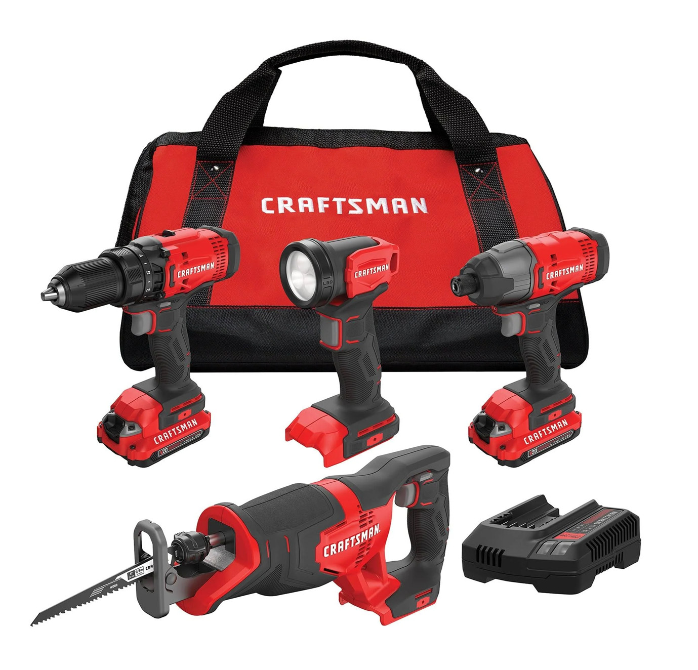 Craftsman V20 Max 4-Tool Power Tool Combo Kit with Soft Case - Black/Red...