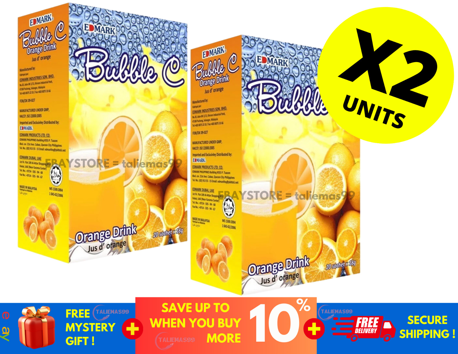 (Halal) Edmark Bubble Vitamin C Orange Drink Refreshing Energy Antioxidant (X 2)