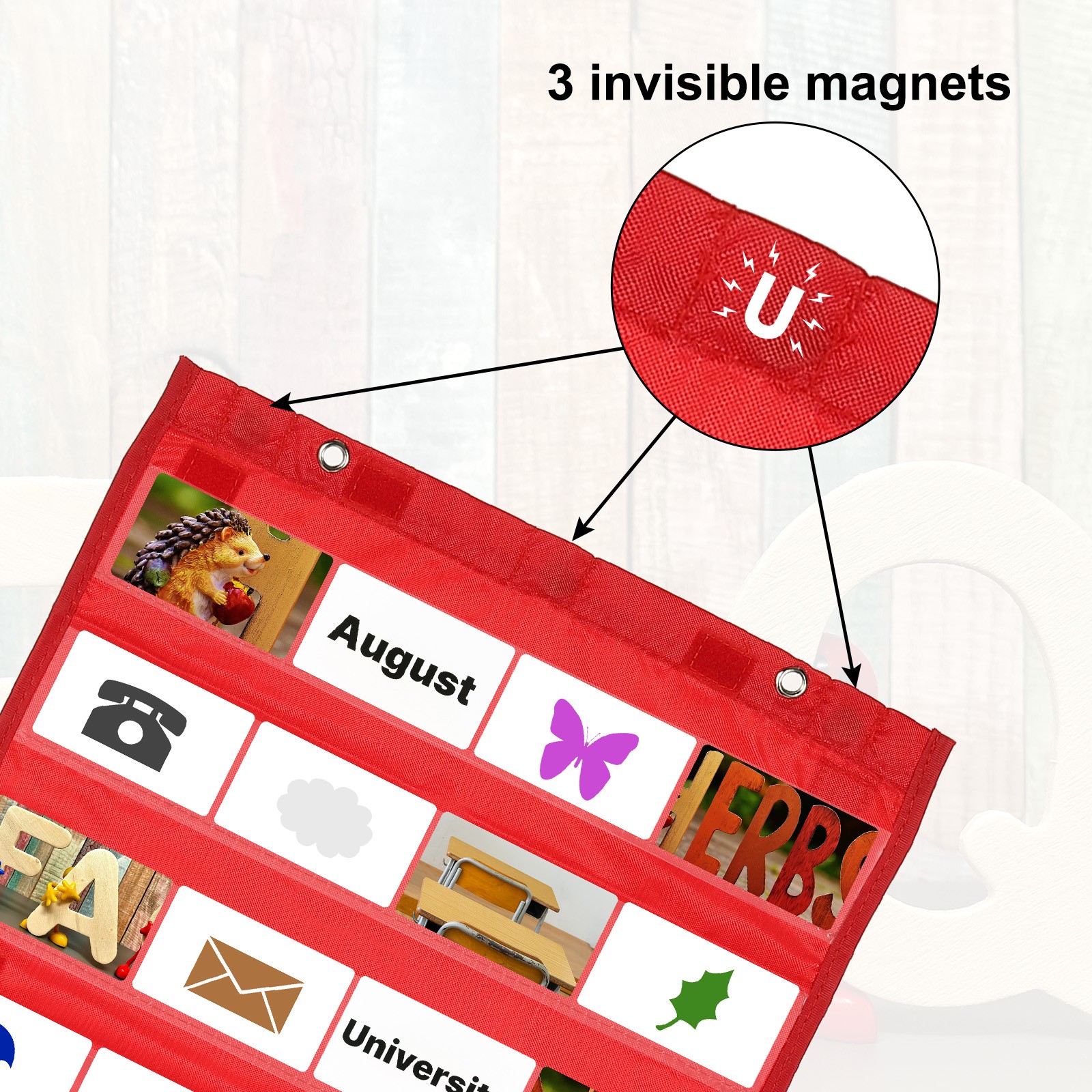 Magnetic Pocket Chart, Small Pocket Chart for Classroom Hanging, Red