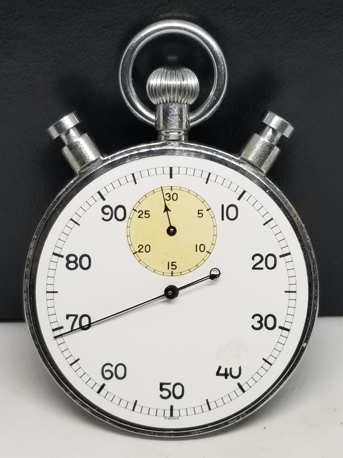 J0173 Minerva Split Second Stop Watch, Working, Missing Parts, Chipped Dial