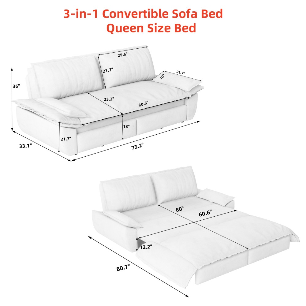 Queen Sofa Bed Pull Out Sleeper 3-in-1 Convertible Velvet Loveseat Black