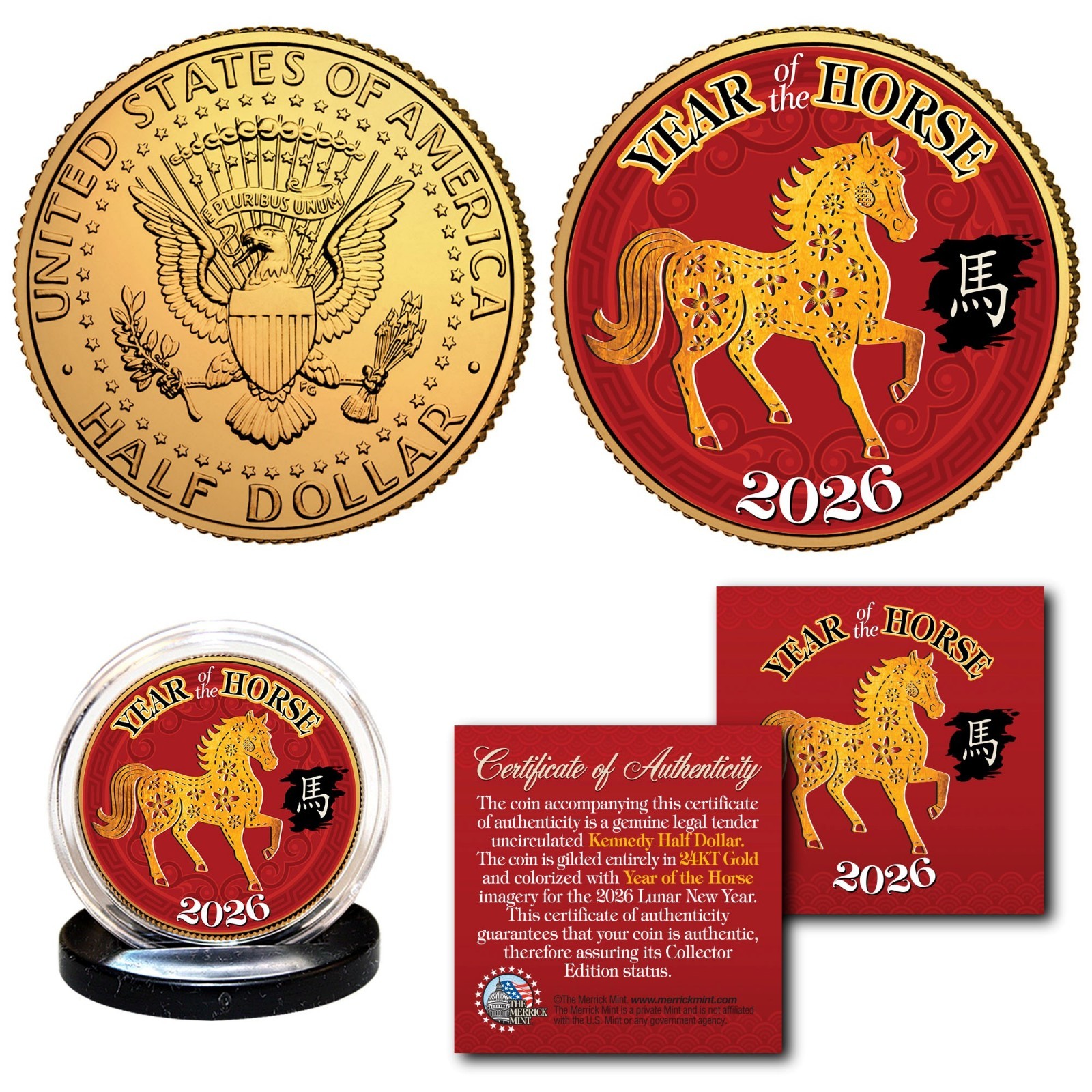 2026 Lunar New YEAR OF THE HORSE 24K Gold Plated JFK Kennedy Half Dollar Coin