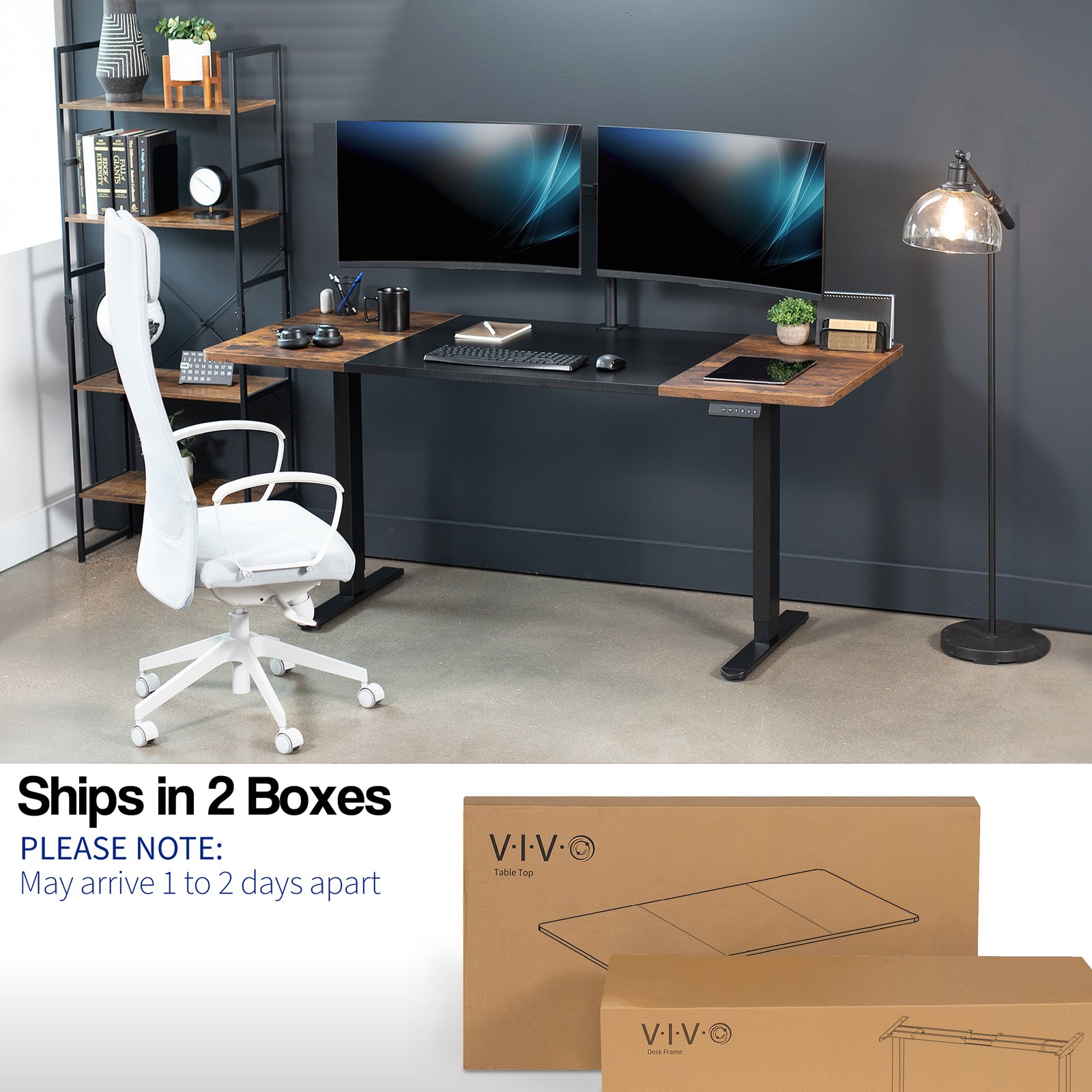 VIVO Electric Dual Motor 71” x 30” Desk, Black & Vintage Brown Top, Black Frame