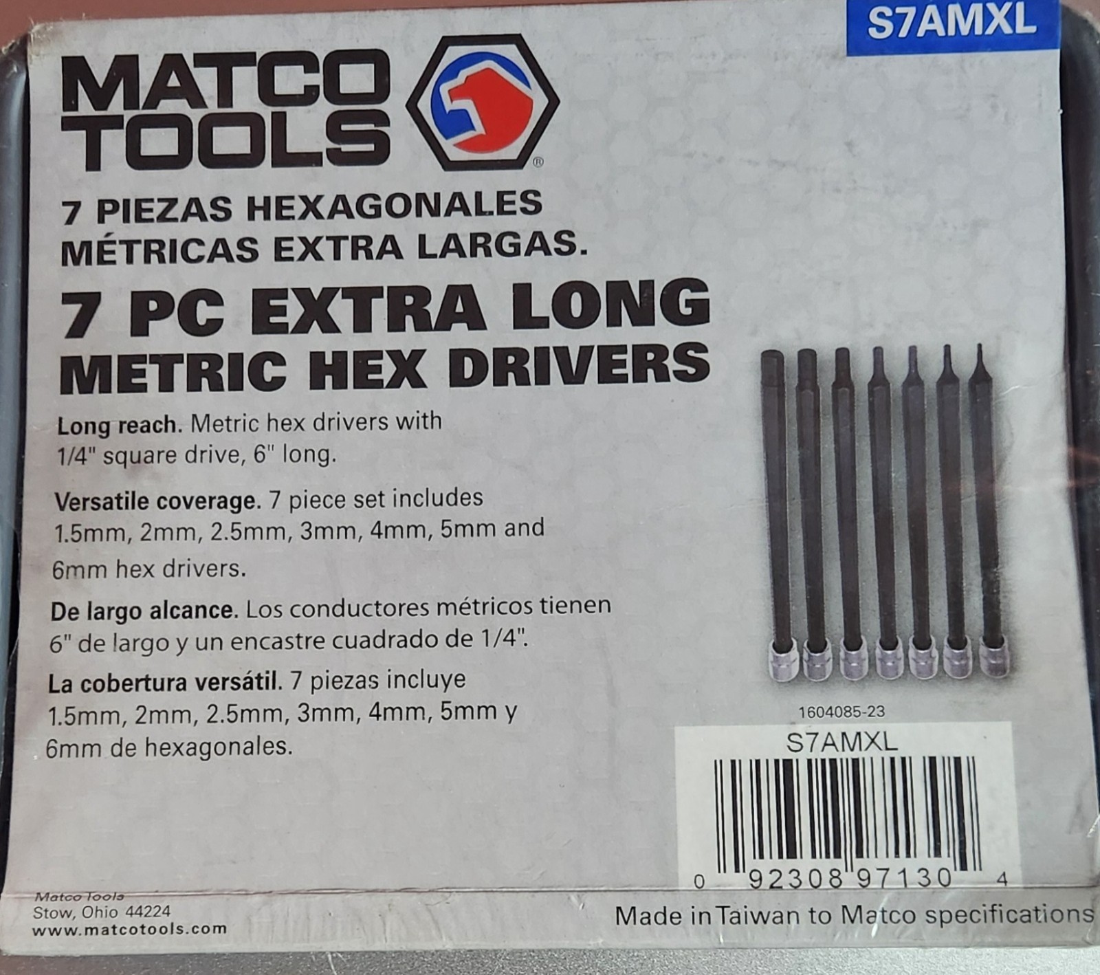 Matco Tools 7 PC Extra Long Metric Hex Drivers S7AMXL