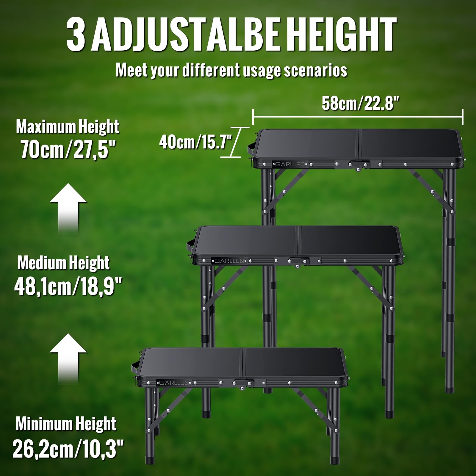 2ft Folding Camping Table, 3 Adjustable Height Lightweight Folded Picnic Tabl...