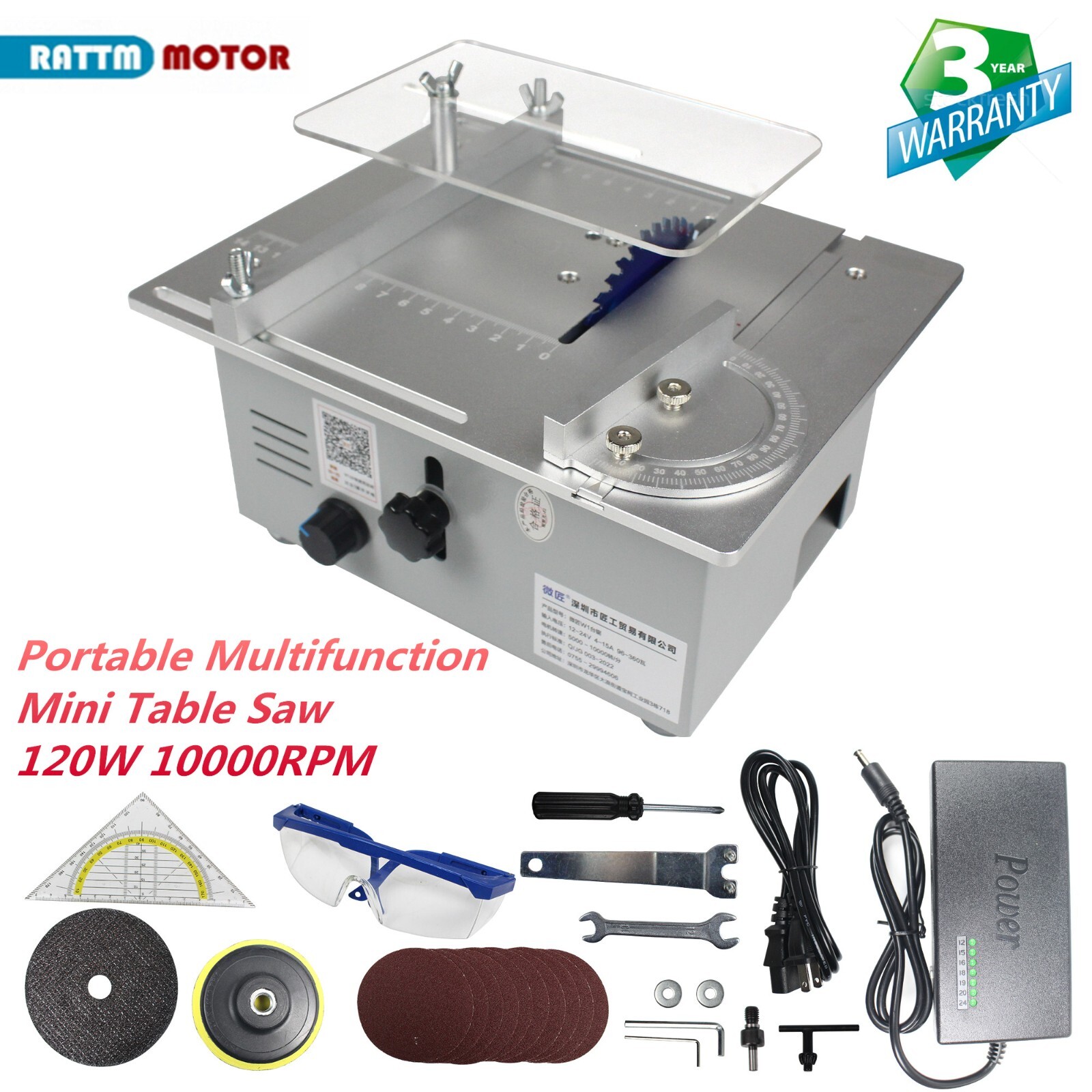 Mini Table Saw 120W 0-10000RPM Dual Motor for Wood Aluminum Cutting Sanding DIY