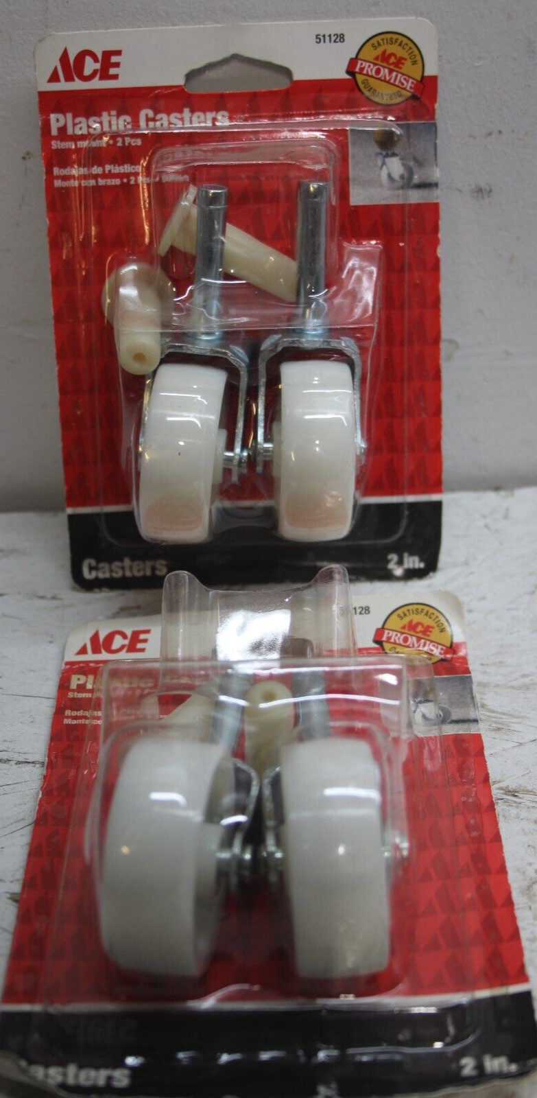 Lot of 2 New ACE 2" Stem Mount White Plastic Casters 51128 TWIN packs so 4 wheel