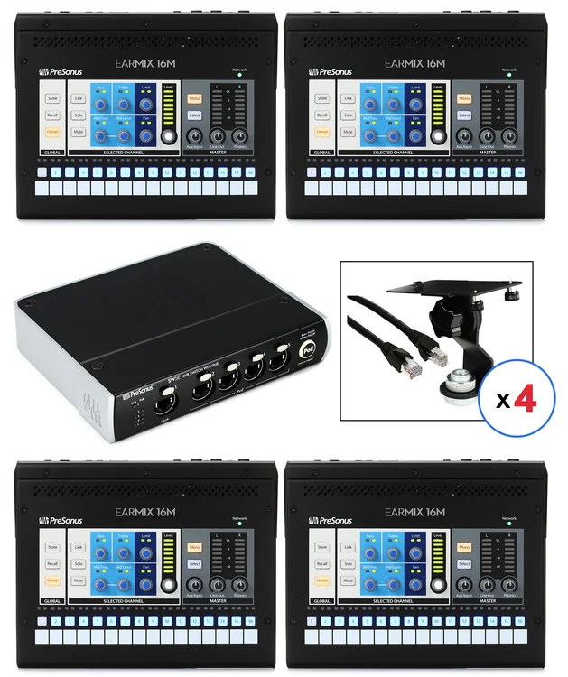 PreSonus EarMix 16M AVB Personal Monitor Mixer Four Person System