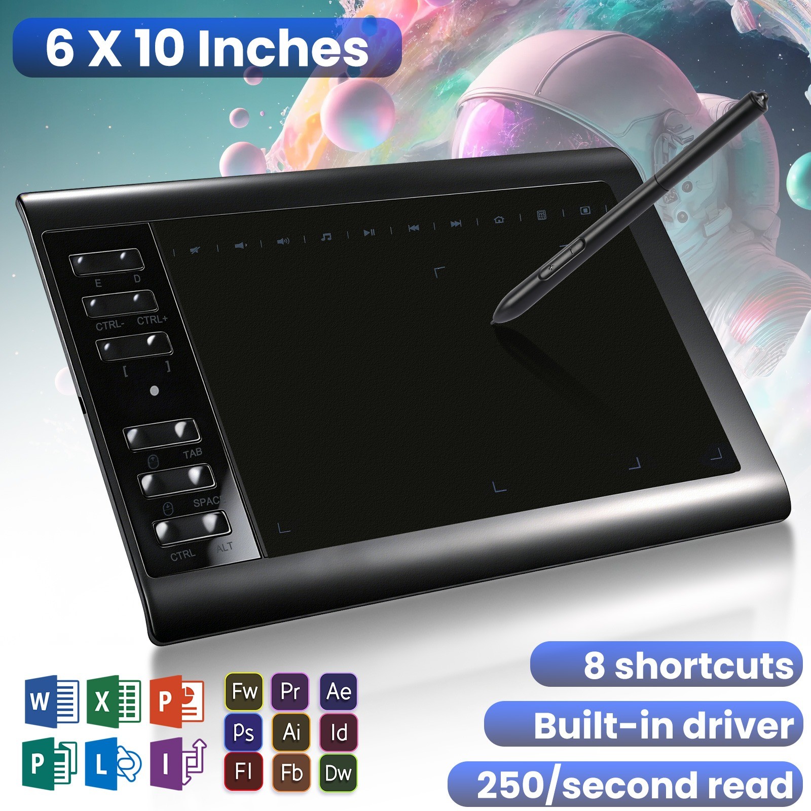 Digital Drawing Tablet with 10×6 Inch Large Active Area Screen, Graphics tablet,