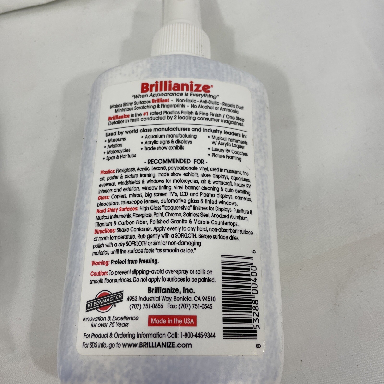 2 EA Plastic glass cleaner polish 8 oz bottles original Brillianize Terry Cloth