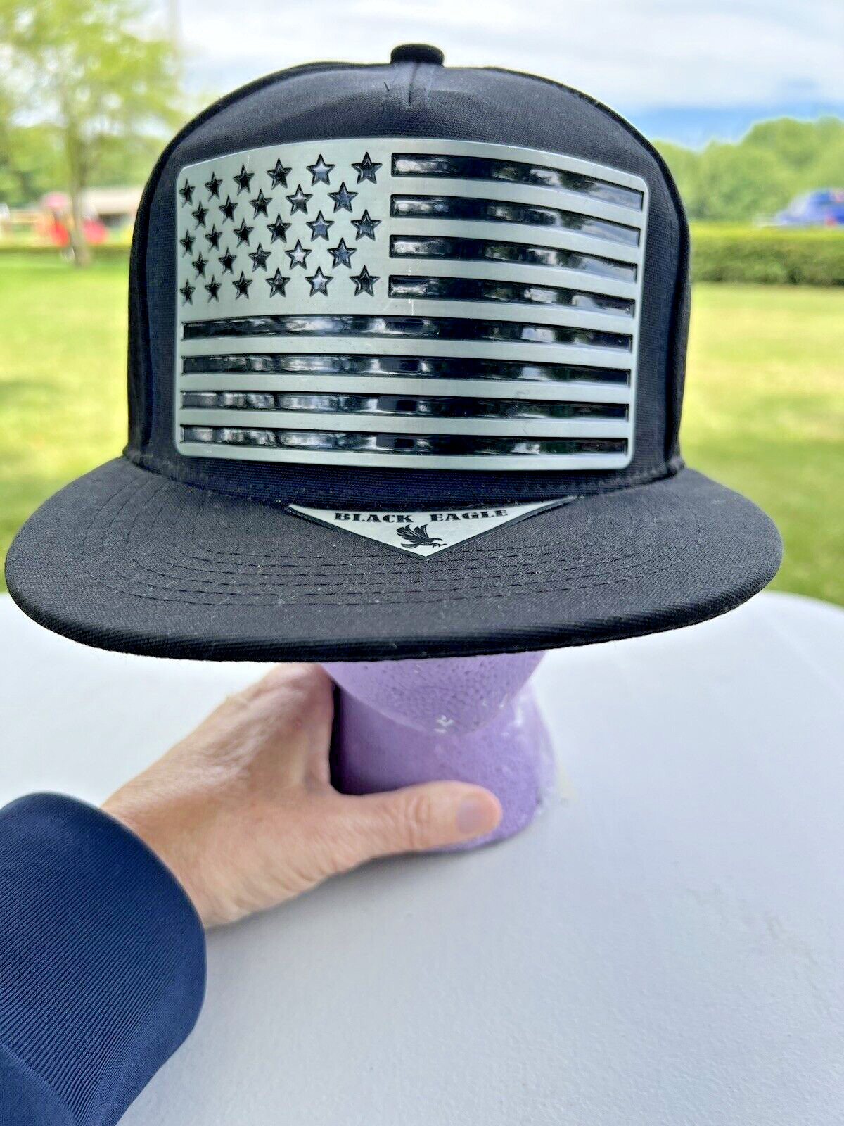 Black Eagle Hat Snapback w/Metal American Silver Flag Riveted on Front EUC