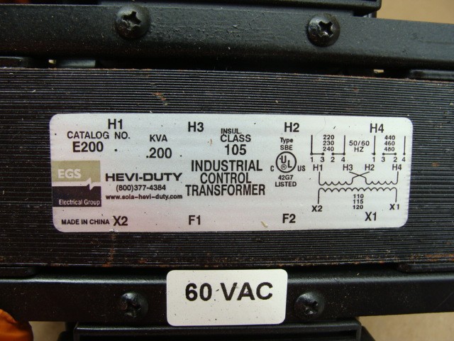 EGS HEVI-DUTY INDUSTRIAL CONTROL TRANSFORMER E200 .200KVA CLASS 105