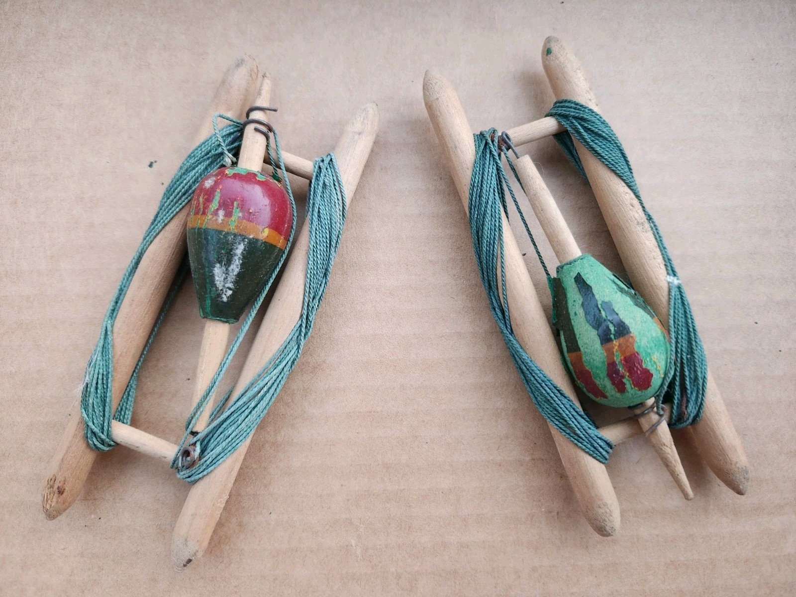 Old Antique Pair Of Hand Held Wooden Fishing Line Bobbers