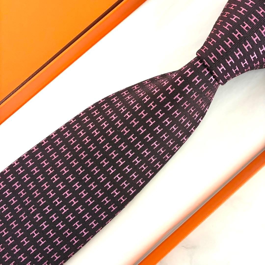 Hermes H Pattern Silk Necktie Purple Used Elegant Condition