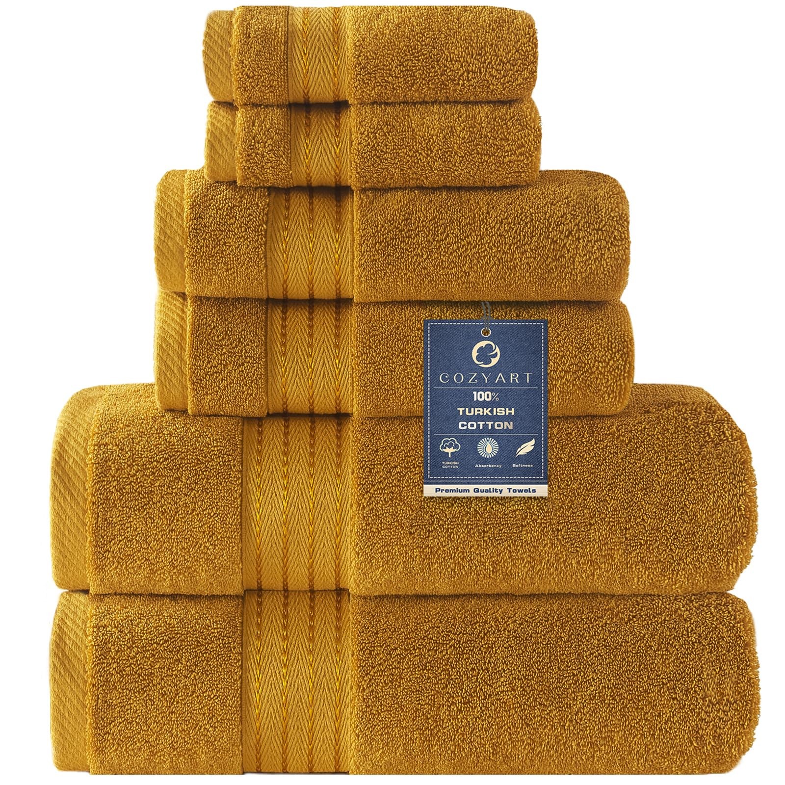 Gold Bath Towel Set 6pcs, Turkish Cotton Bathroom Towel Sets Soft Absorbent a...