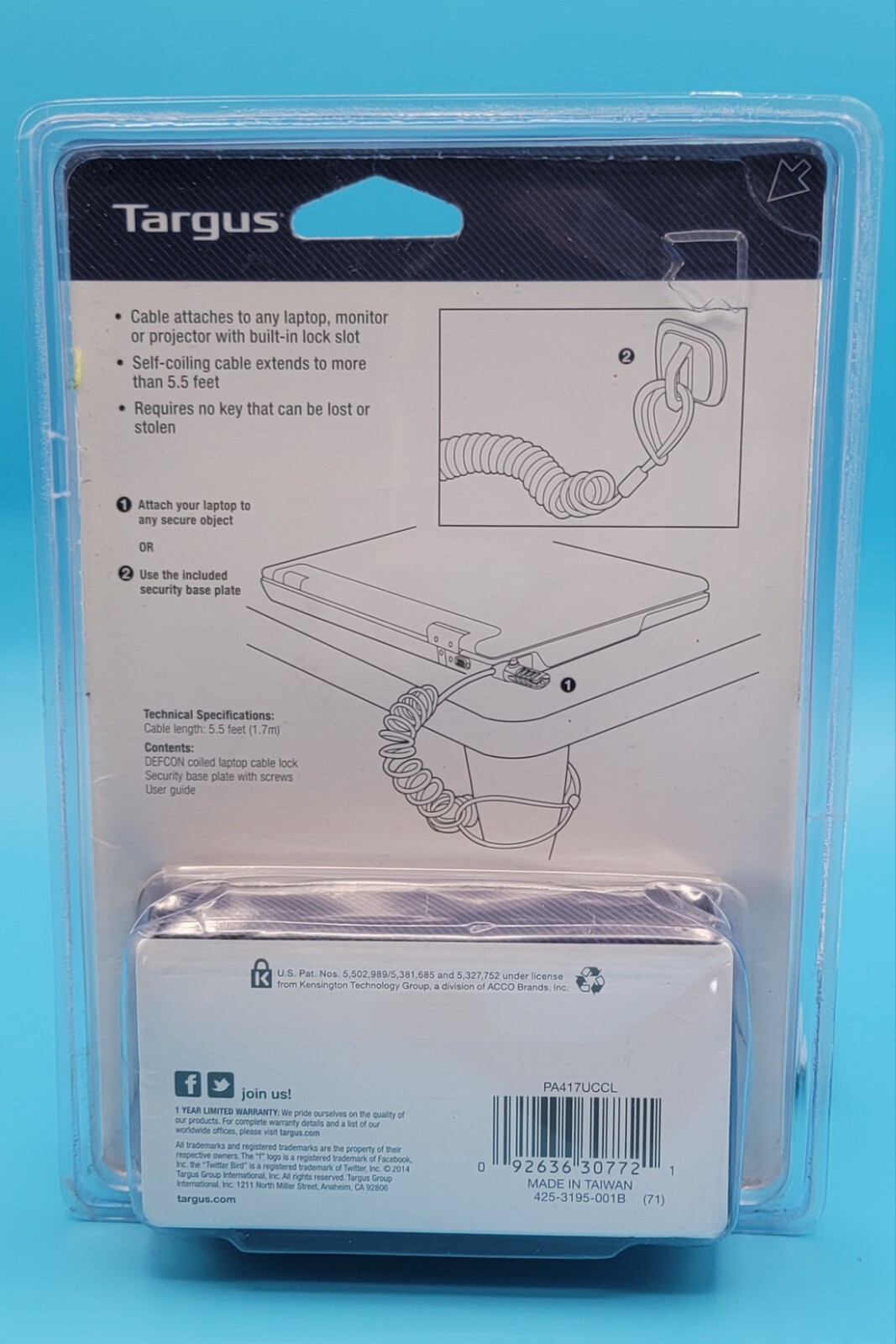 NIB Targus Defcon compact Design Coiled Laptop Cable Lock