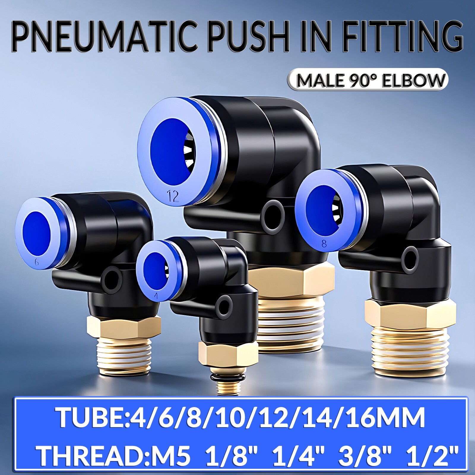 4mm 6mm - 16mm PNEUMATIC PUSH IN FITTING AIR WATER PIPE -  MALE 90° ELBOW STUD
